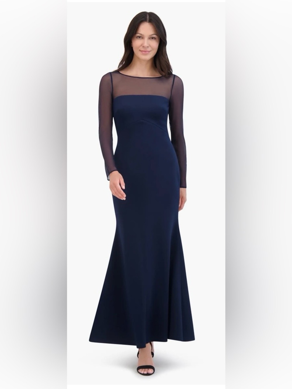 NWT Size 4 Current Eliza J Rosette Mesh Trim Long Sleeve Gown in Navy